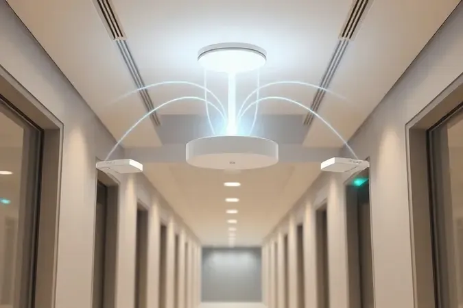 Ilustração conceitual de access point irradiando sinal Wi-Fi para dispositivos em ambiente corporativo