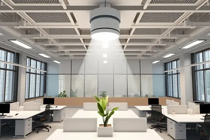 Vista superior de escritório moderno com access point de teto cobrindo o ambiente com sinal de Wi-Fi
