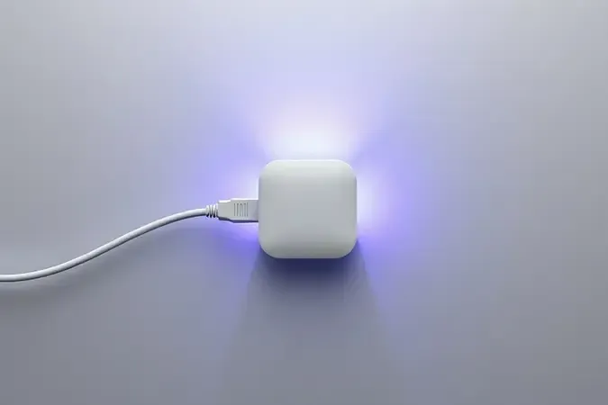 Render 3D de access point conectado por cabo de rede com partículas de luz representando energia e dados