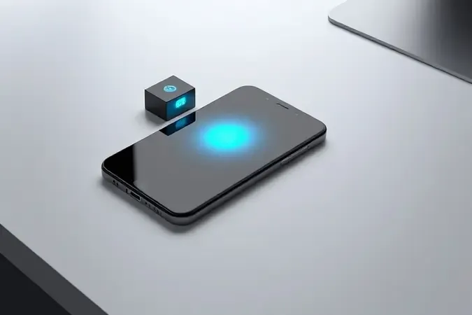 Render 3D de smartphone e mini câmera espiã wifi conectados por arco de luz abstrato sobre mesa limpa
