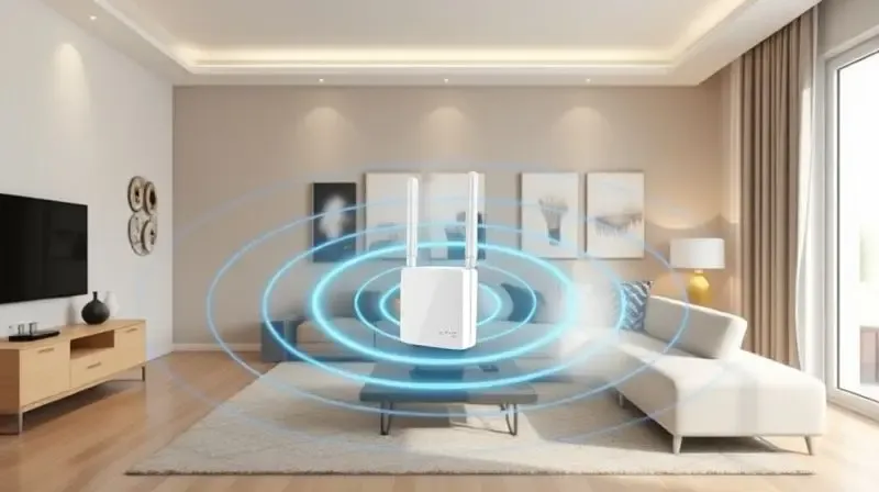 Ilustração conceitual do alcance de um repetidor Wi-Fi, com ondas de sinal se expandindo a partir do aparelho com antenas em uma sala.