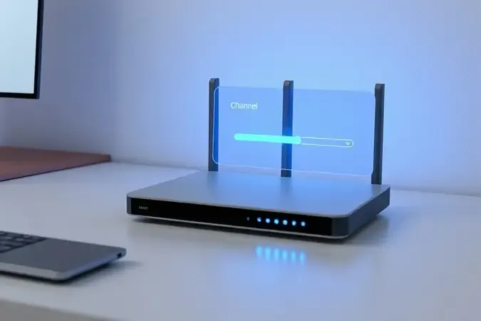Roteador sem marca em render 3D com painel abstrato flutuante para ajuste de canal Wi-Fi em ambiente clean