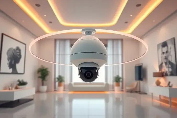 Render conceitual de câmera 360 com arco de rotação e linhas de campo de visão panorâmico em ambiente moderno