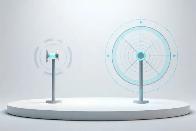 Comparativo 3D entre antenas direcional e omnidirecional com padrões de ondas de sinal distintos