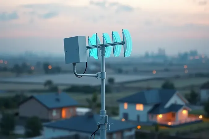 Render 3D conceitual de antena externa para modem 4G com ondas de sinal amplificadas percorrendo área rural ao fundo