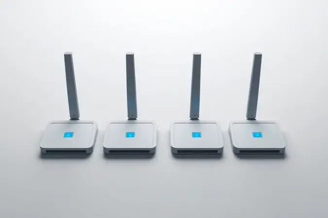 Conjunto de quatro antenas de roteador em render conceitual sobre superfície limpa