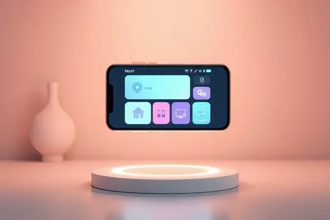 Render 3D conceitual de smartphone com interface abstrata de automação residencial