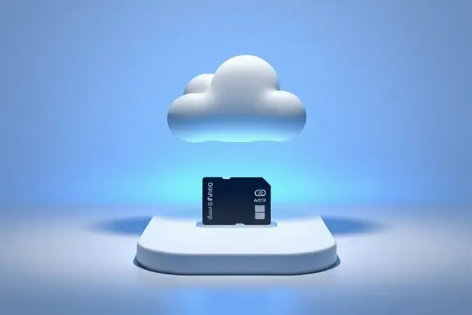 Ilustração conceitual de armazenamento local e nuvem com cartão microSD e nuvem abstrata em 3D minimalista