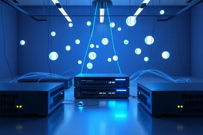 Arquitetura de rede com roteador e cabos de fibra óptica em render 3D conceitual
