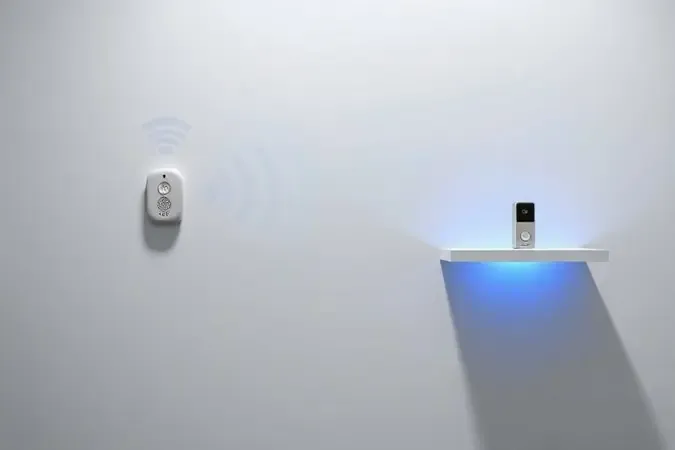Ilustração conceitual 3D de ondas de sinal sem fio entre transmissor e receptor de campainha em ambiente minimalista.