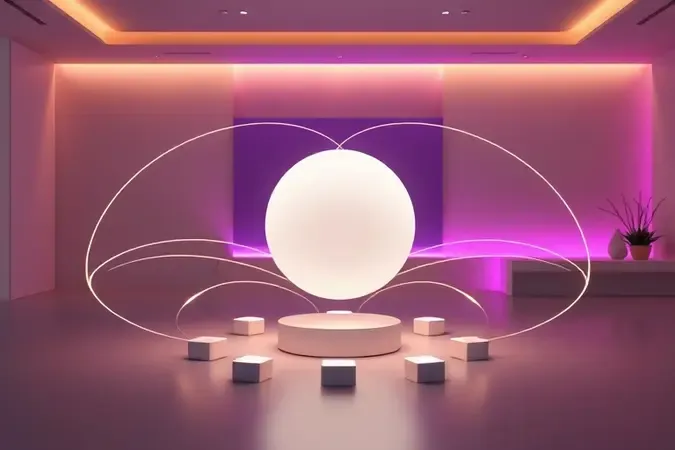 Cena conceitual de casa inteligente com hub central conectado por linhas de luz a dispositivos iot geométricos