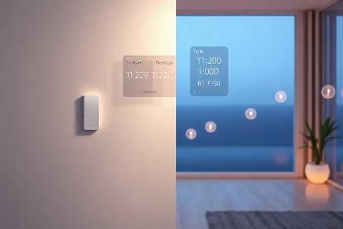 Cena conceitual de automação residencial com interruptor inteligente e trajetos luminosos de rotinas diárias