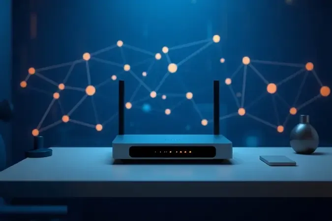 Cena conceitual em 3D de roteador moderno sem marca em mesa de avaliação com visualização de rede