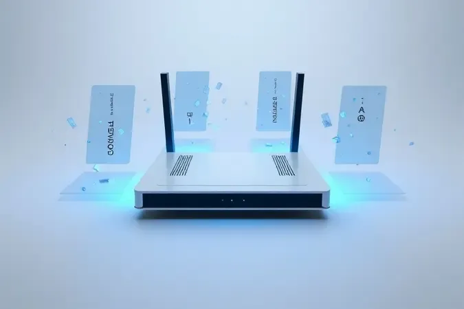 Roteador WiFi 6 em render 3D conceitual com painéis flutuantes simbolizando avaliação de especificações