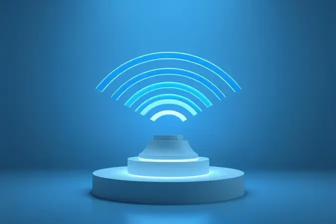 Ilustração 3D conceitual de banda larga e velocidade com nodo WiFi em elemts luminosos sobre superficie minimalista.