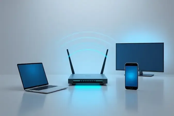 Ilustração conceitual de beamforming e MU-MIMO direcionando sinal wi-fi para dispositivos