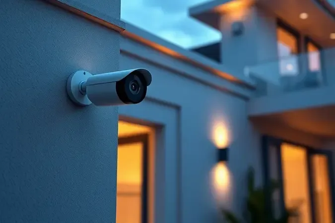 Câmera bullet sem marca instalada em fachada externa de casa contemporânea