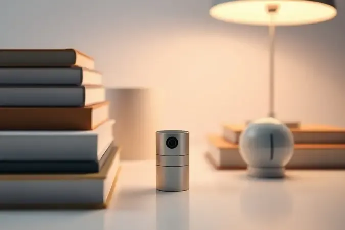 Render conceitual de mini câmera espiã wifi discreta posicionada entre livros e objetos neutros sobre mesa limpa