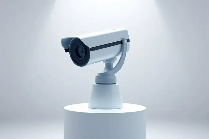 Câmera PTZ sem marca em posição dinâmica sobre pedestal em ambiente minimalista