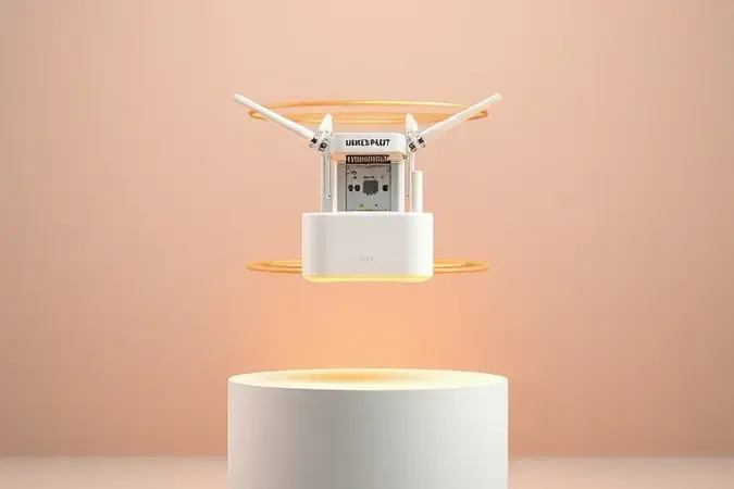Render 3D com visão técnica de access point moderno e antenas em estilo minimalista e sofisticado