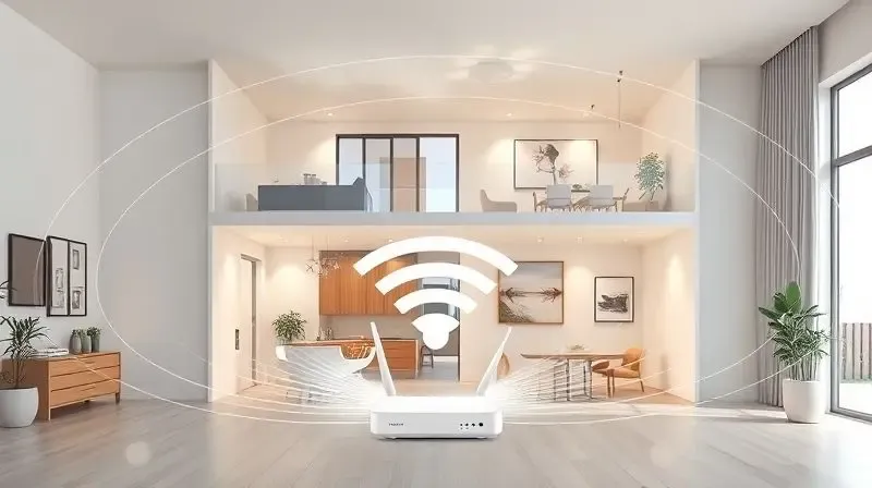 Ilustração da cobertura de sinal de um roteador Wi-Fi 6, mostrando ondas de conexão alcançando todos os cômodos de uma casa de dois andares.