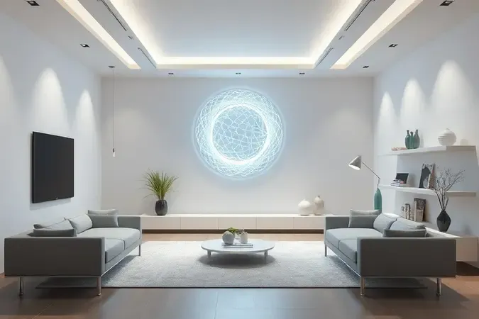 Cena conceitual de um roteador mesh conectando vários nodos de cobertura wifi em uma sala moderna e minimalista.