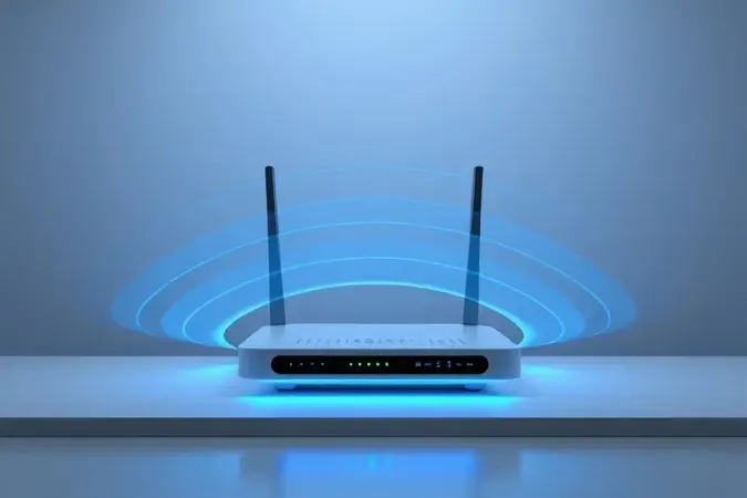 Roteador de quatro antenas emitindo ondas de sinal em render conceitual representando melhor cobertura