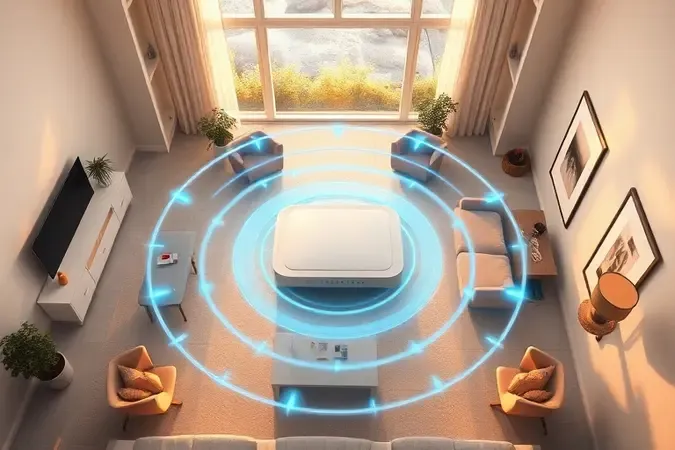 Cena conceitual 3D de cobertura Wi-Fi completa se espalhando por cômodos de uma casa moderna e minimalista