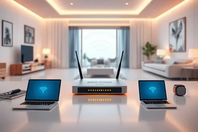Roteador moderno distribuindo sinal Wi-Fi por toda a casa em cena conceitual iluminada.