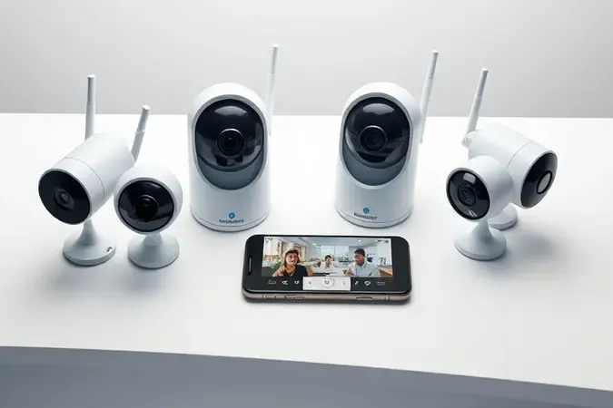 Câmeras Wi-Fi sem marca exibidas em mesa minimalista com celular para comparação