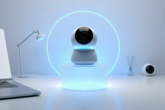 Cena conceitual com câmera 360 moderna e elementos geométricos de rotação e conectividade sobre fundo limpo