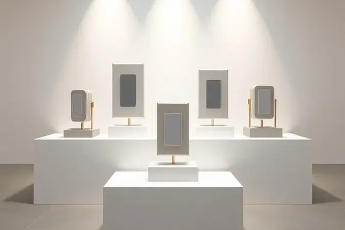 Formas conceituais de interruptores inteligentes exibidas em pedestal branco com iluminação de estúdio elegante