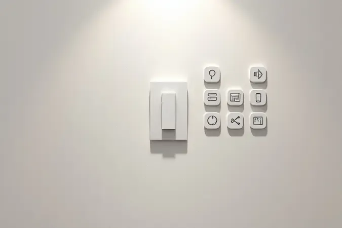 Conceito 3D de interruptor inteligente com símbolos de conectividade e compatibilidade em parede clean