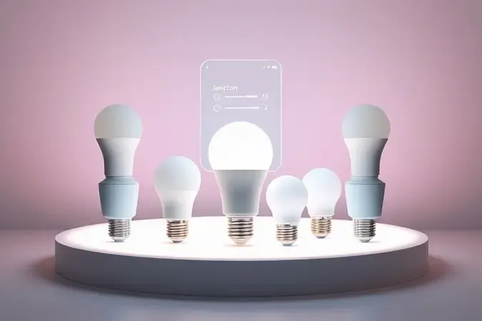 Lâmpadas inteligentes modernas sobre base luminosa com interface de aplicativo para comparação de opções