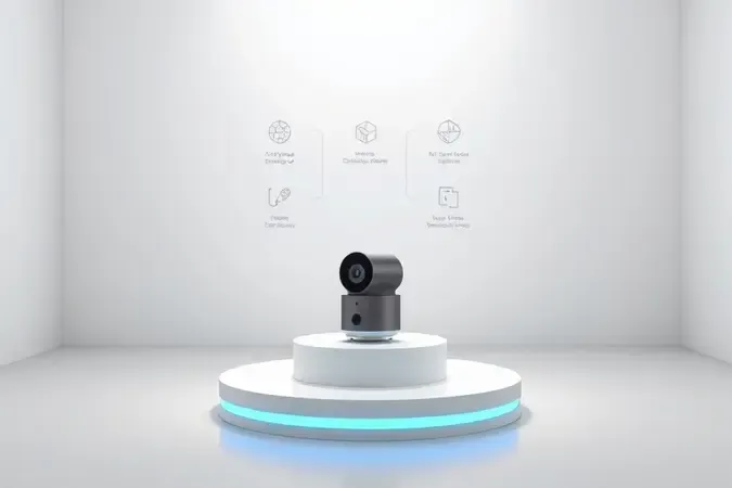 Render 3D de mini câmera wifi em pedestal minimalista cercada por formas geométricas abstratas flutuantes