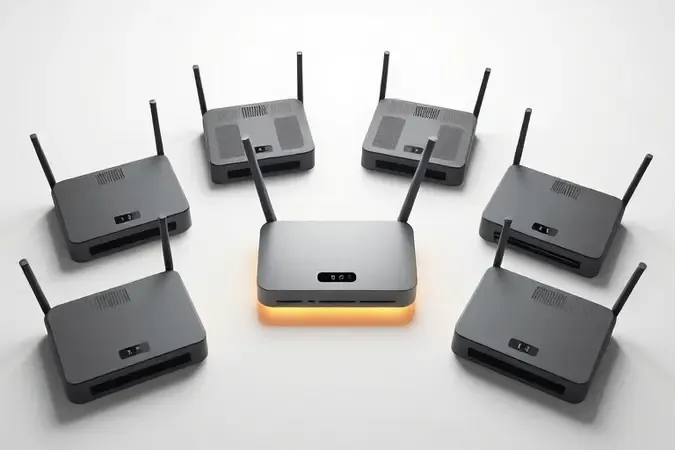 Conceito de escolha do melhor roteador dual WAN com vários dispositivos modernos minimalistas