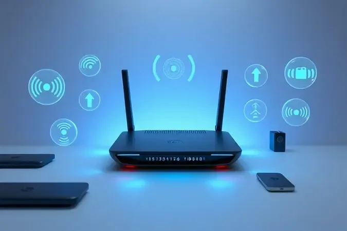 Roteador gamer moderno cercado por ícones conceituais de antenas, frequência, velocidade e portas em render 3D