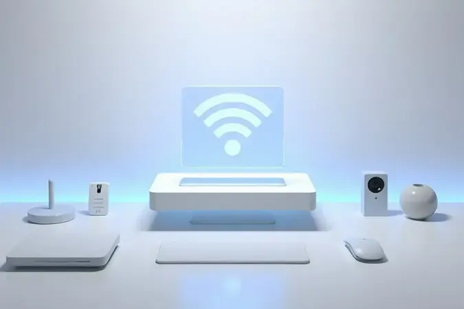 Placa de rede Wi-Fi flutuando sobre superfície branca com ondas de sinal em render 3D conceitual