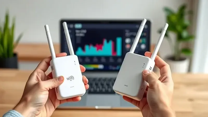 Pessoa comparando dois modelos diferentes de repetidores de sinal Wi-Fi para ilustrar como escolher o melhor aparelho para sua casa.