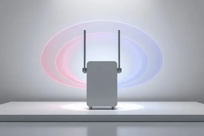 Render conceitual de repetidor Wi-Fi com faixas de sinal dual band em ambiente moderno e minimalista