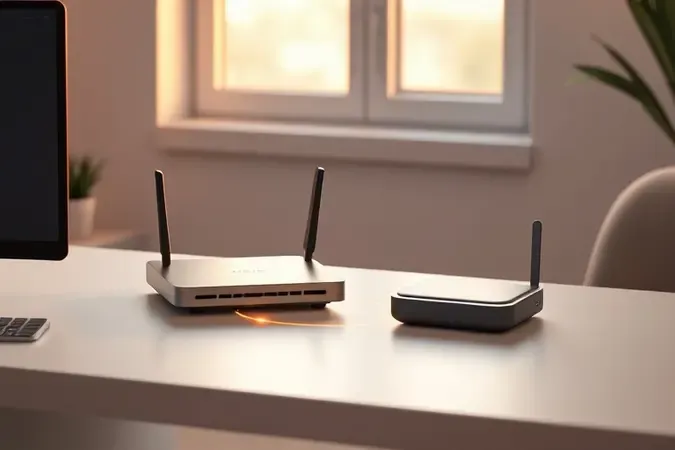 Render 3D de roteador minimalista em home office com links de conexión inteligente