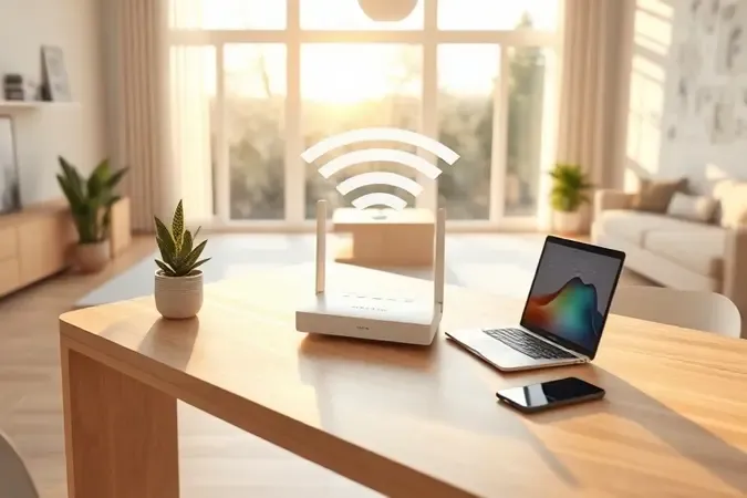 Roteador wi-fi conceitual em ambiente residencial moderno com ondas de sinal e luz natural