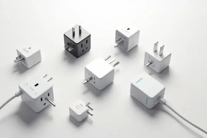 Várias tomadas inteligentes modulares exibidas em superfície limpa e minimalista