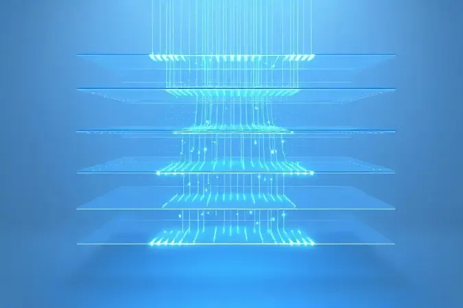 Fluxo de dados em múltiplas camadas translúcidas representando o funcionamento do Wi-Fi 7