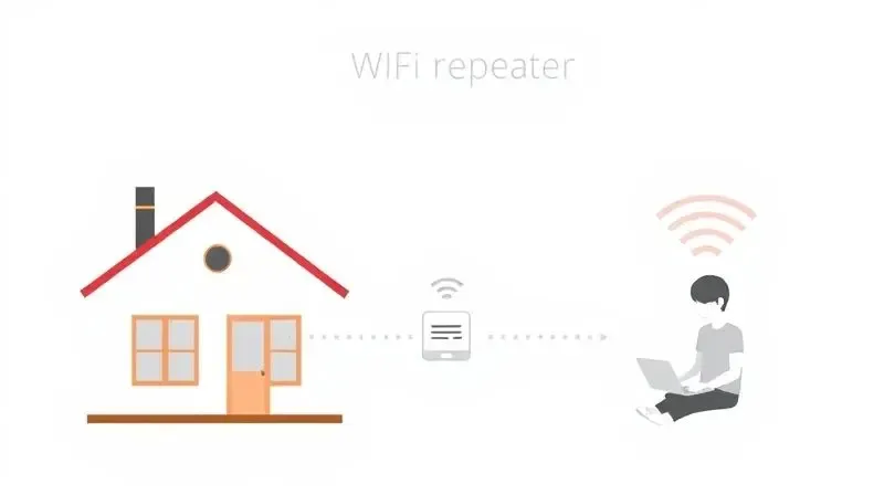 Diagrama mostrando como um repetidor de sinal Wi-Fi funciona, captando o sinal do roteador e retransmitindo para áreas com pouca cobertura.
