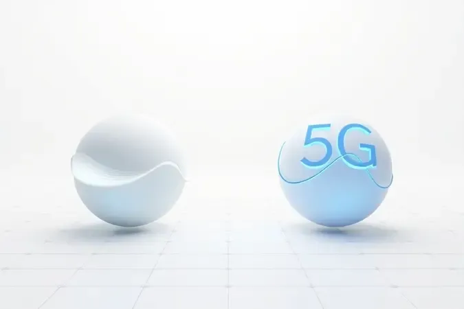 Comparação conceitual 3D entre redes 4G e 5G, com nós abstratos e arcos de sinal em estilo minimalista premium moderno