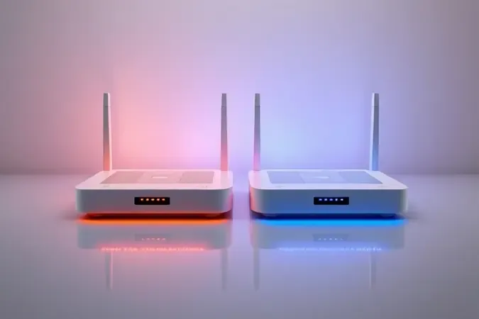 Comparativo conceitual entre dois roteadores Wi-Fi em render 3D, com fluxo de dados e iluminação profissional.