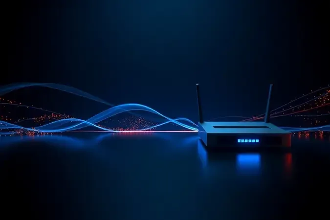 Representação conceitual de alta velocidade de internet com fluxos de dados luminosos entre roteadores em 3D.
