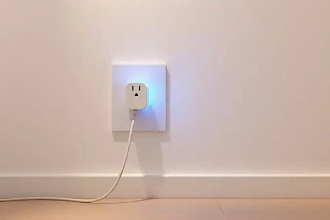 Adaptador powerline plugado na tomada com fluxo de dados representado em cena 3D conceitual moderna