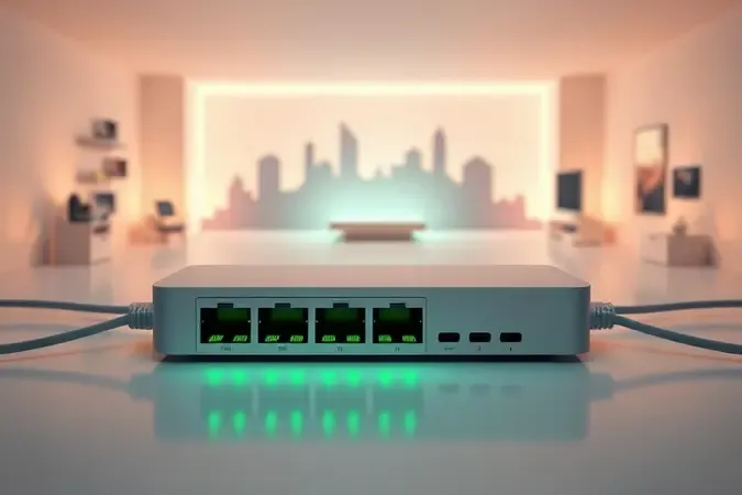 Representação conceitual de um switch gigabit de 16 portas distribuindo conexão por cabos de rede em ambiente minimalista